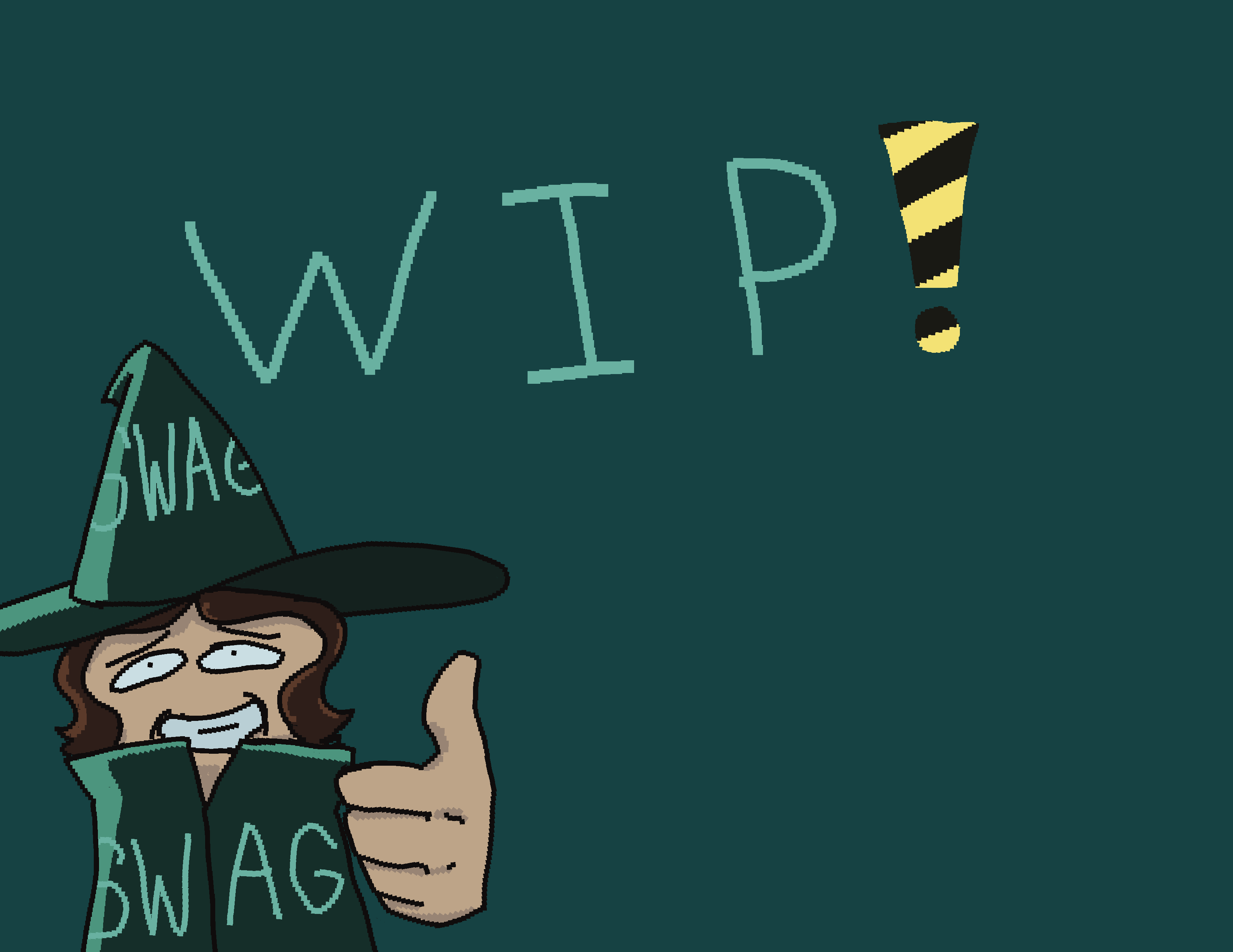 Little drawing of a swag wizard underneath WIP text. The website will be finished soon, until then, you can find me at the links below.